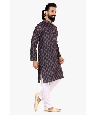Men Dark Navy Blue Cotton Digital Printed Kurta Churidar Set 3