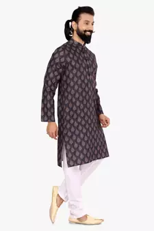 Men Dark Navy Blue Cotton Digital Printed Kurta Churidar Set