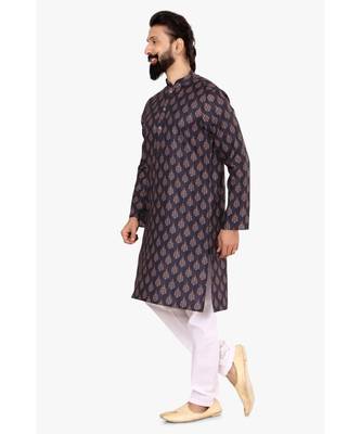 Men Dark Navy Blue Cotton Digital Printed Kurta Churidar Set 4