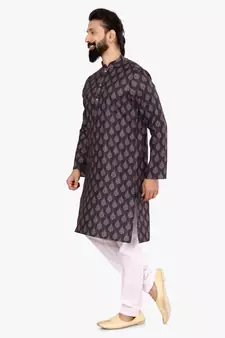 Men Dark Navy Blue Cotton Digital Printed Kurta Churidar Set