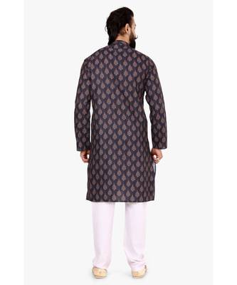Men Dark Navy Blue Cotton Digital Printed Kurta Churidar Set 5