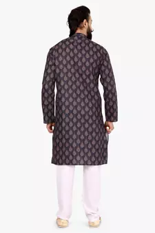 Men Dark Navy Blue Cotton Digital Printed Kurta Churidar Set
