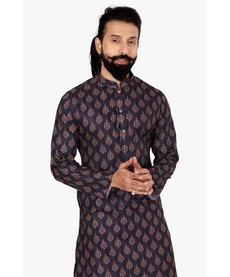 Men Dark Navy Blue Cotton Digital Printed Kurta Churidar Set 6
