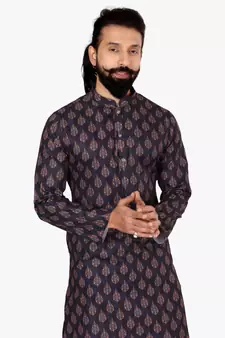 Men Dark Navy Blue Cotton Digital Printed Kurta Churidar Set