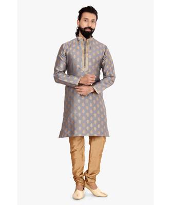 Men Dark Silver Jacquard Silk Kurta Churidar Set 2
