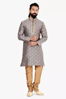 Men Dark Silver Jacquard Silk Kurta Churidar Set