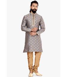 Men Dark Silver Jacquard Silk Kurta Churidar Set