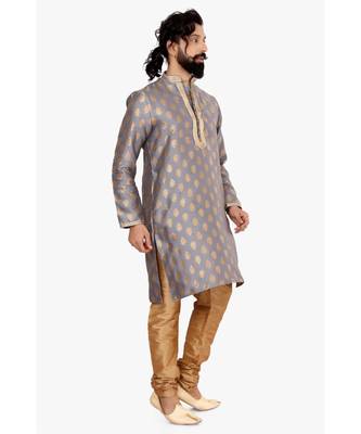 Men Dark Silver Jacquard Silk Kurta Churidar Set 3