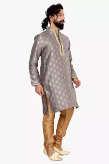 Men Dark Silver Jacquard Silk Kurta Churidar Set