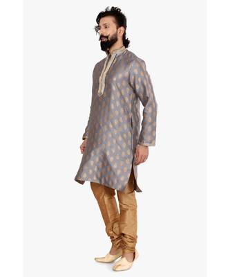 Men Dark Silver Jacquard Silk Kurta Churidar Set 4