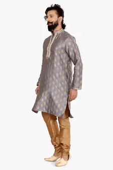 Men Dark Silver Jacquard Silk Kurta Churidar Set