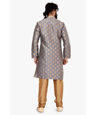 Men Dark Silver Jacquard Silk Kurta Churidar Set 5