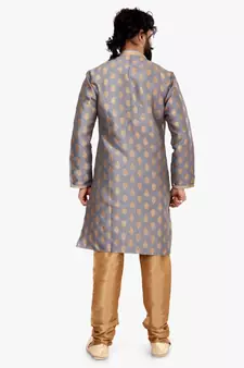 Men Dark Silver Jacquard Silk Kurta Churidar Set