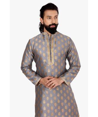 Men Dark Silver Jacquard Silk Kurta Churidar Set 6