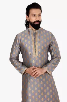 Men Dark Silver Jacquard Silk Kurta Churidar Set