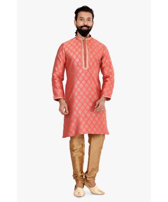 Men Peach Jacquard Silk Kurta Churidar Set 2