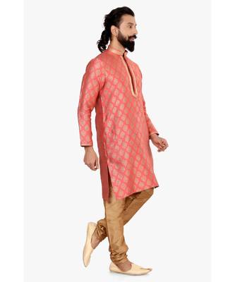 Men Peach Jacquard Silk Kurta Churidar Set 3