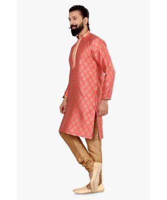 Men Peach Jacquard Silk Kurta Churidar Set 4