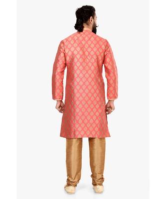 Men Peach Jacquard Silk Kurta Churidar Set 5