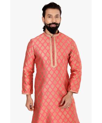 Men Peach Jacquard Silk Kurta Churidar Set 6