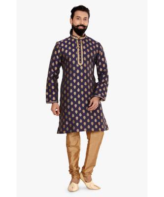 Men Navy Blue Jacquard Silk Kurta Churidar Set 2
