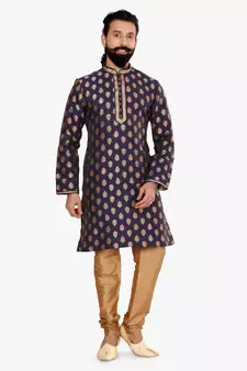Men Navy Blue Jacquard Silk Kurta Churidar Set