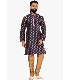 Men Navy Blue Jacquard Silk Kurta Churidar Set