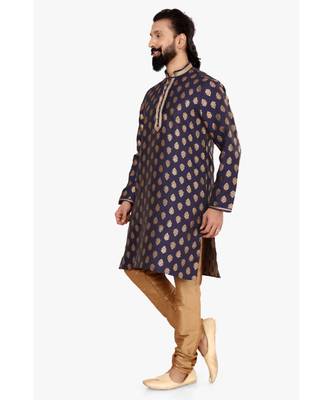 Men Navy Blue Jacquard Silk Kurta Churidar Set 3