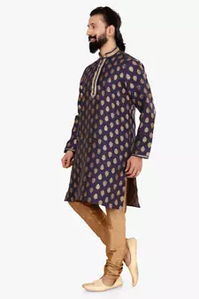 Men Navy Blue Jacquard Silk Kurta Churidar Set