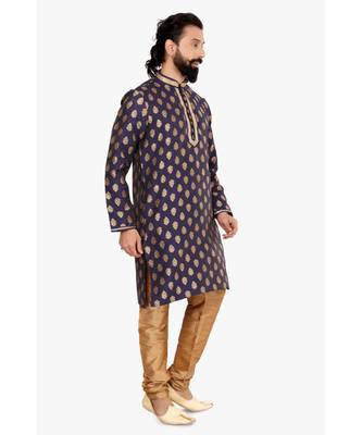 Men Navy Blue Jacquard Silk Kurta Churidar Set 4