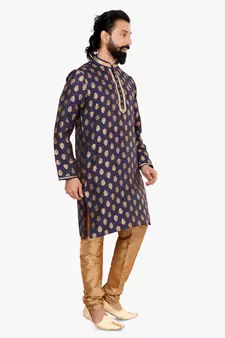 Men Navy Blue Jacquard Silk Kurta Churidar Set