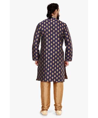 Men Navy Blue Jacquard Silk Kurta Churidar Set 5