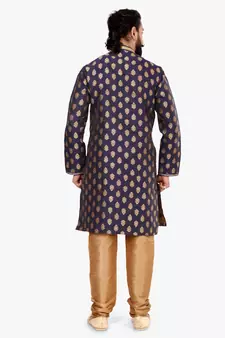 Men Navy Blue Jacquard Silk Kurta Churidar Set