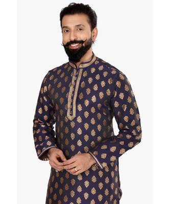 Men Navy Blue Jacquard Silk Kurta Churidar Set 6