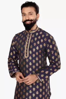Men Navy Blue Jacquard Silk Kurta Churidar Set