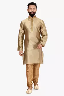 Men Golden Blackberry Silk Kurta Churidar Set