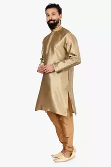 Men Golden Blackberry Silk Kurta Churidar Set
