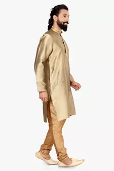 Men Golden Blackberry Silk Kurta Churidar Set