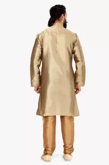 Men Golden Blackberry Silk Kurta Churidar Set