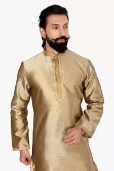 Men Golden Blackberry Silk Kurta Churidar Set