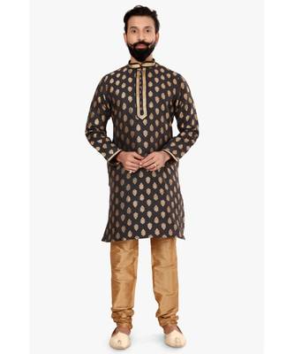 Men Black Jacquard Silk Kurta Churidar Set 2
