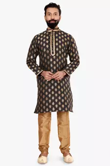 Men Black Jacquard Silk Kurta Churidar Set