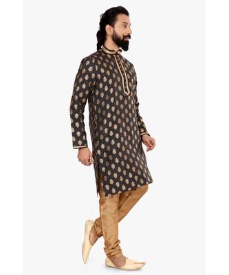 Men Black Jacquard Silk Kurta Churidar Set 3