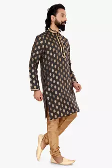Men Black Jacquard Silk Kurta Churidar Set