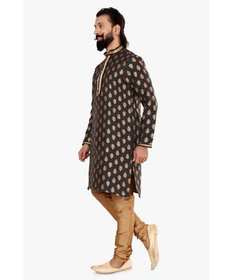 Men Black Jacquard Silk Kurta Churidar Set 4