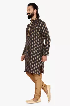 Men Black Jacquard Silk Kurta Churidar Set