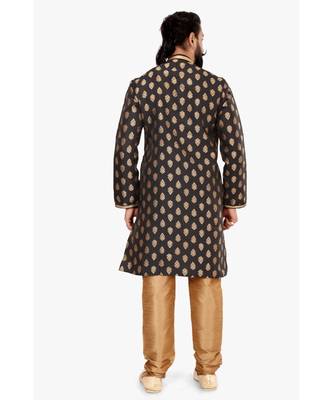 Men Black Jacquard Silk Kurta Churidar Set 5