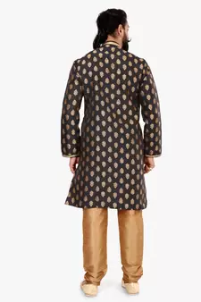 Men Black Jacquard Silk Kurta Churidar Set