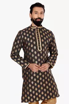 Men Black Jacquard Silk Kurta Churidar Set