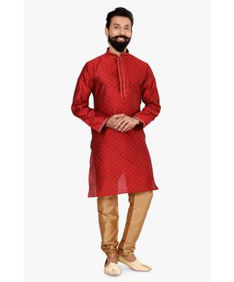Men Red Blackberry Silk Kurta Churidar Set 2